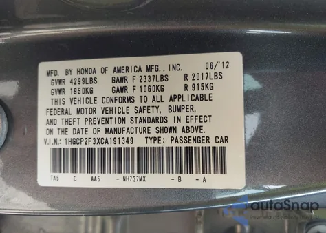 2012 Honda Accord 2.4 Lx z USA, uszkodzony, nr VIN 1HGCP2F3XCA191349